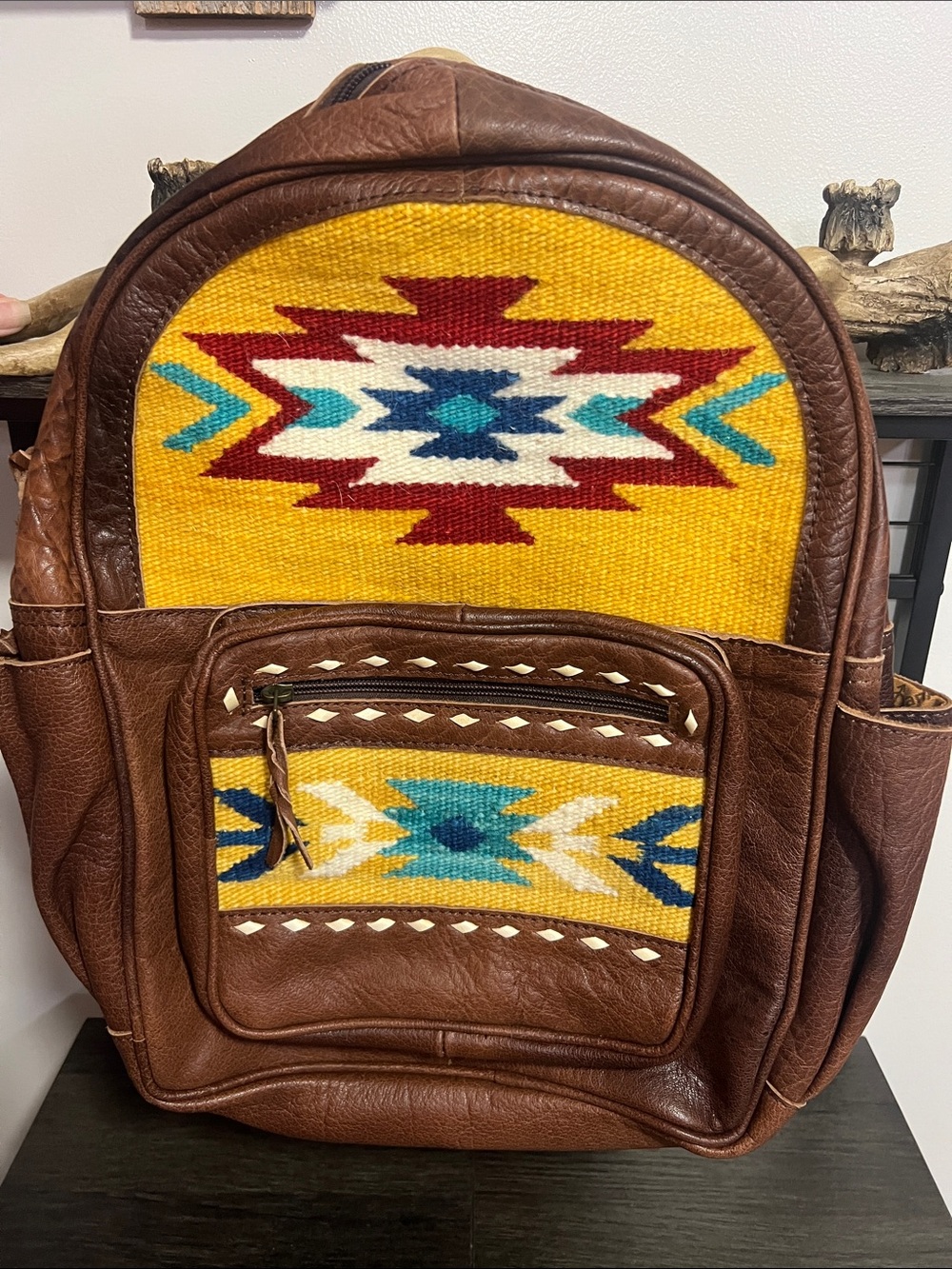 American Darling Brown Leather Backpack with Yellow Aztec Panels
